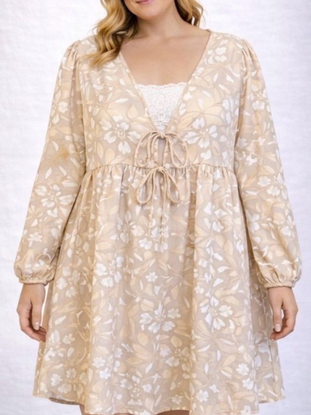 Women’s Plus Size Floral Cream Embroidered Tie-Front Dress - Size 3X